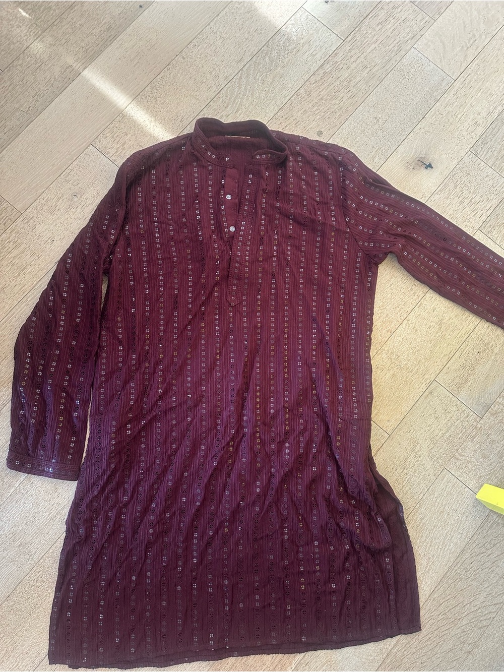 Men's sari palace kurta Long Sleeve Band Collar Shirt - Burgundy sequin - Picture 1 of 7